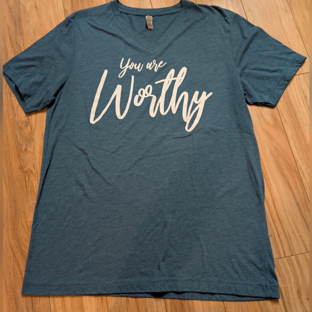 Bella + Canvas "You Are Worthy" Blue Tri-blend V-Neck Tee - Large
